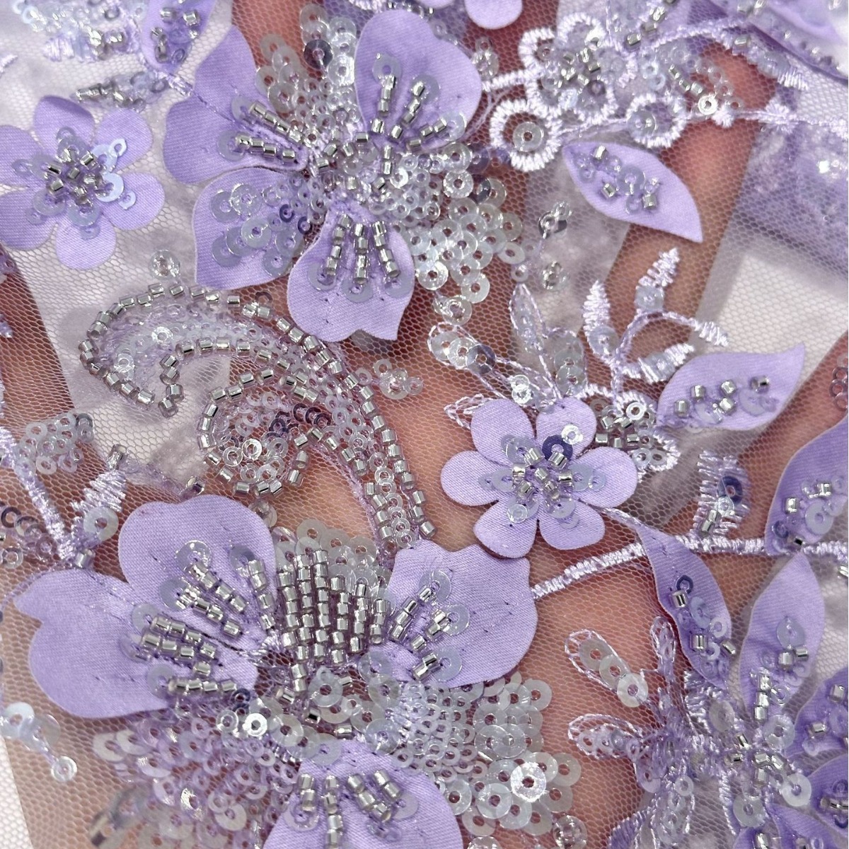 Flores láser tridimensionales sequinilla de plantas tela de tubo de perlas de alta fijación estilo antiguo vestido de boda vestido de tela