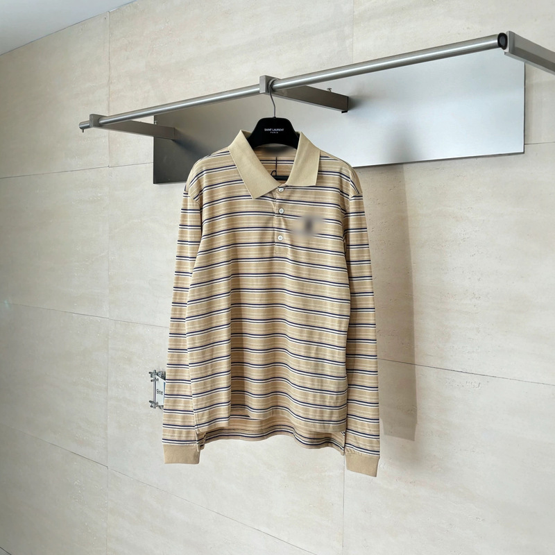 P Brand High-Quality Authentic Striped Double-Yarn Pique Cotton Long-Sleeve Polo Shirt