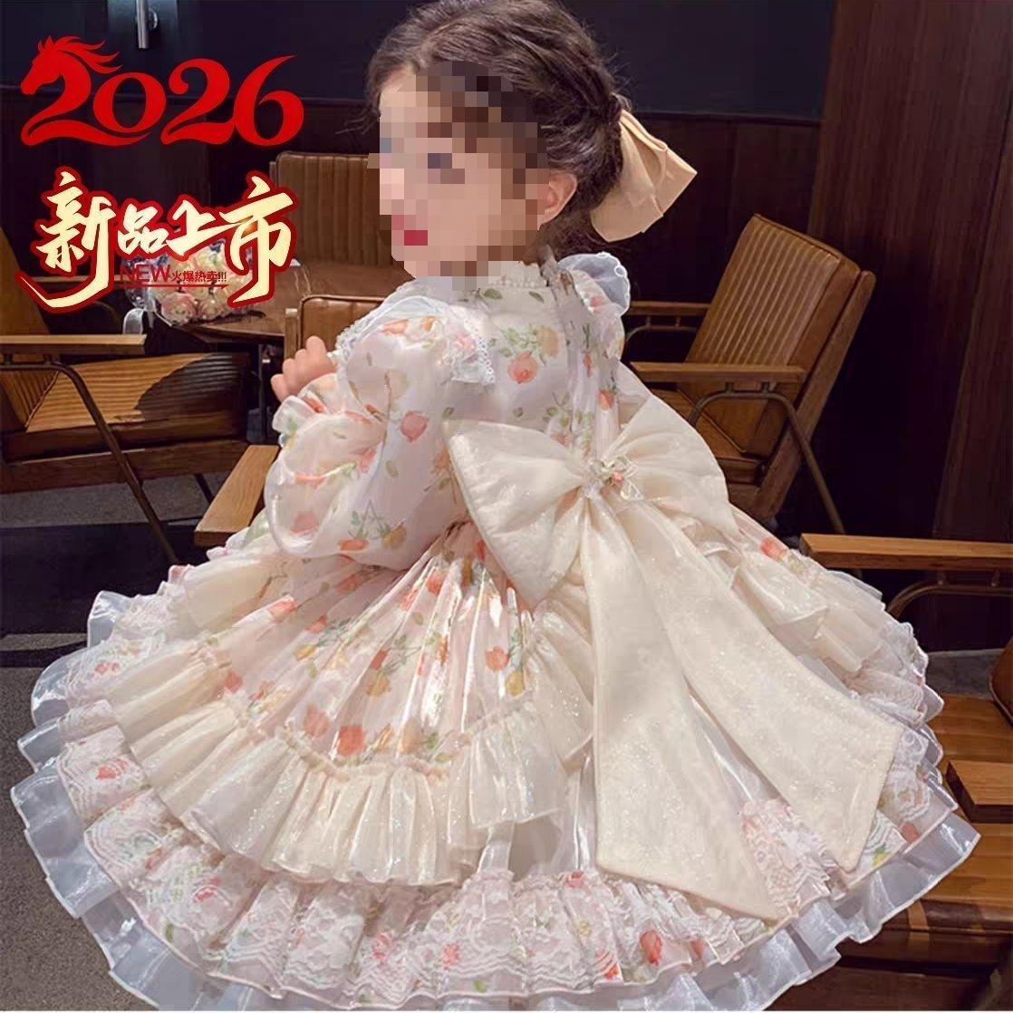 Girls' Lolita Princess Dress, Floral Dress for Girls, Spring 2026 New Style, Children's French-Style Puffy Tulle Dress