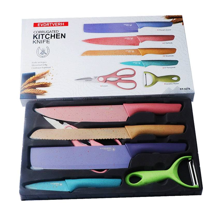 Kitchen Knife Set, Wheat Straw Handles, 6–7 Piece Gift Box with Cutting Board, Compact 22.7×11.9×5.25 cm