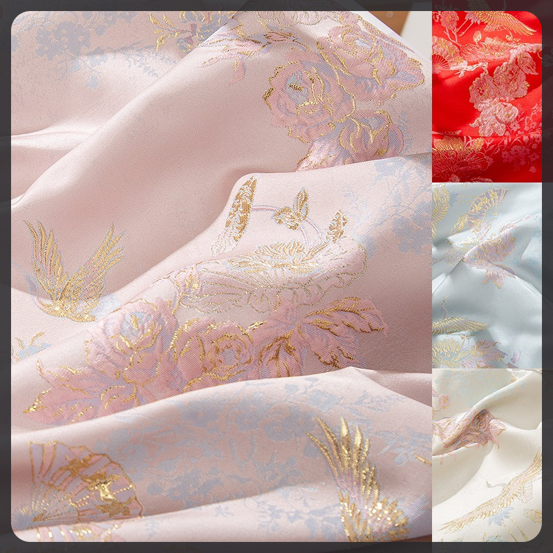 汉服仙鹤幸福面料浮雕长寿丝绸金线服装多色中国风布料缎子织锦缎