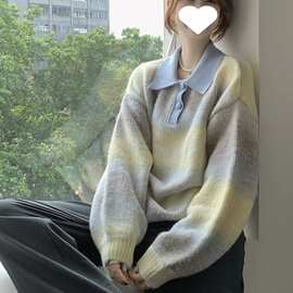 渐变polo领慵懒风毛衣女秋冬季2023新款设计感小众针织衫宽松上衣