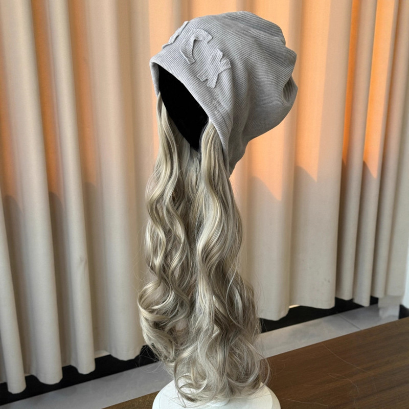 New Cold Hat Wig Hat All-in-One Removable Fashion Autumn and Winter Internet Red Personalized Grey Street Stack Hat Women's Fashion