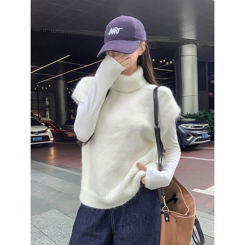 Korean Style Lazy High-Neck Small Flying Sleeve Knitwear Autum New Versatile Slimming Look Knitwear Vest Vest Two Colors Available
