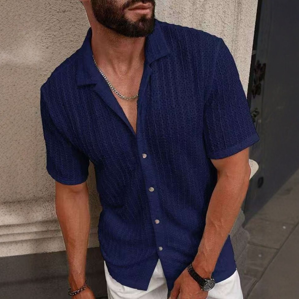 2026 Summer Men's Short-Sleeve Shirt With Knitted Lattice Design, Breathable Casual Pure-Color Collar_viptrois.com