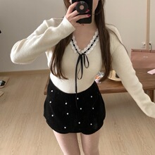 秋冬新品甜美气质V领蕾丝边蝴蝶结减龄遮肉套头长袖针织衫女毛衣