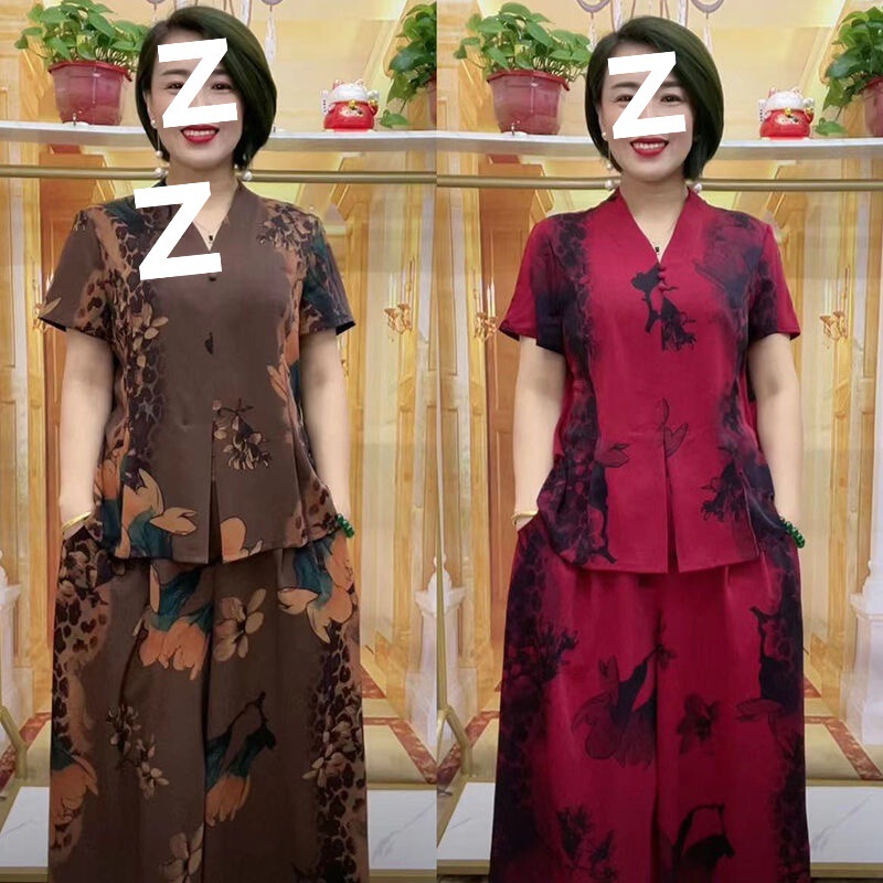 Summer New Two-Piece Set for Middle-Aged Moms, Plus Size, Fashionable Casual Heavy-Duty Top and Wide-Leg Pants Set, Trendy