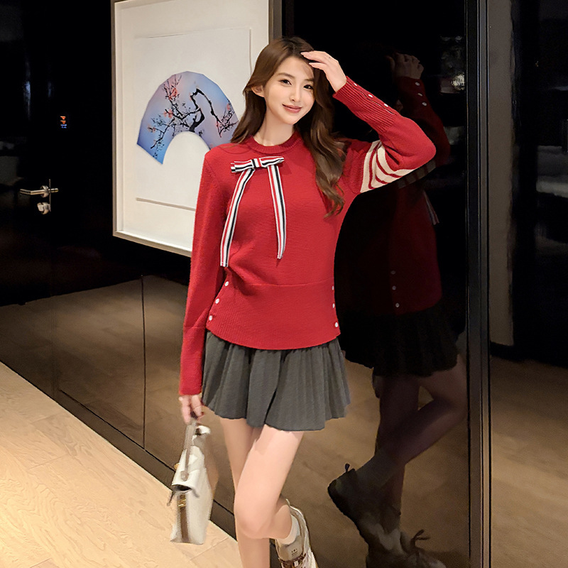 Direct from the manufacturer: TB's new autumn and winter wool knit crew neck sweater, ins college style versatile bow top Direct from the manufacturer: TB's new autumn and winter wool knit crew neck sweater, ins college style versatile bow top