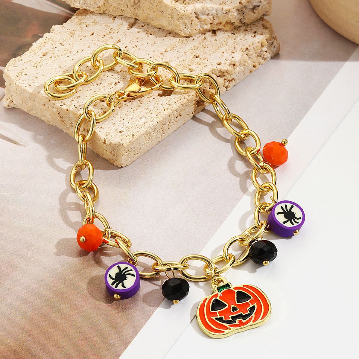 bracelet set hot selling rice beads orange pumpkin skull pendant Halloween bracelet_voghion.com