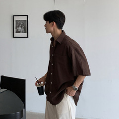 薄手綿麻夏ファッションカレー色日系半袖シャツ夏レトロ老銭風高級感シャツ