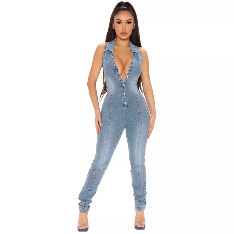 Sleeveless Denim Jumpsuit For Women, Front Button-Down Washed Stretch Romper, Street Style Casual One-Piece Outfit_ecoleips.com