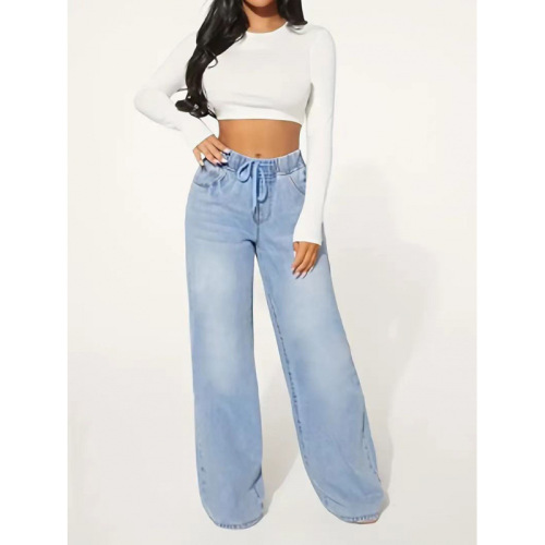 European and American 2025 women's fashion denim high-waisted slimming drawstring loose wide-leg pants