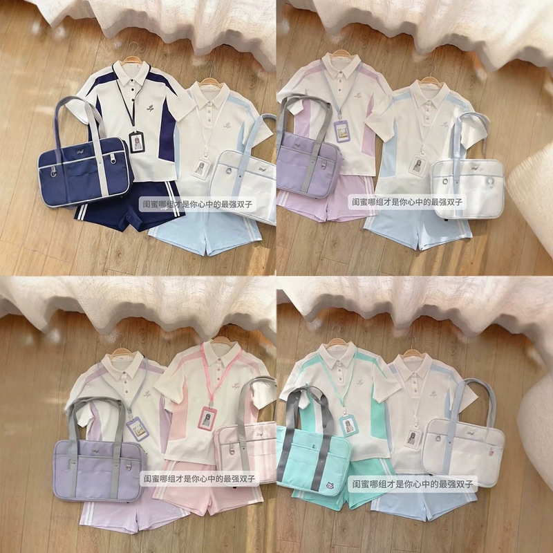 Summer New Jk Uniform Original Short-Sleeve Gymnastics Outfit Set with College Embroidery, Sports Polo Shirt, Shorts, Volleyball Uniform