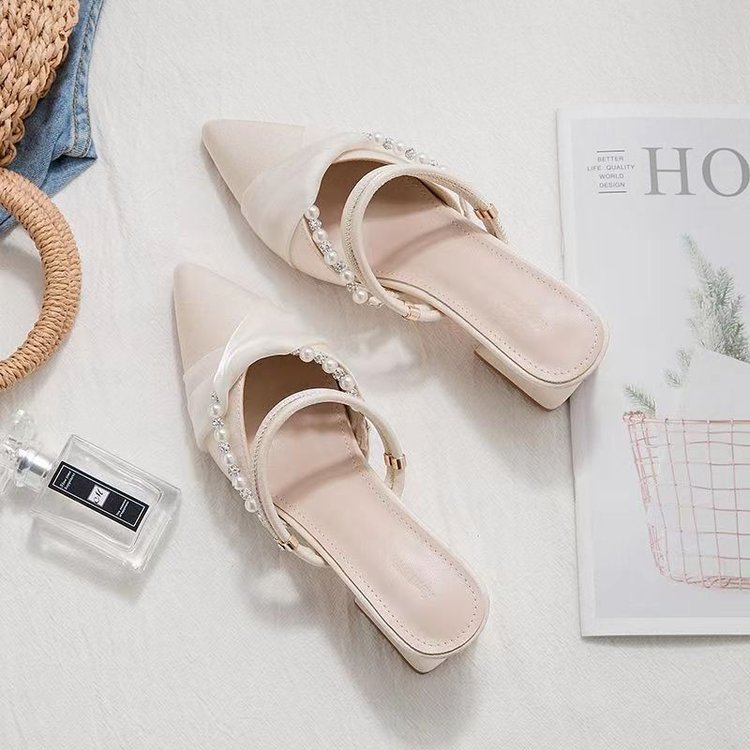 2025 primavera y verano nuevo estilo zapatos de mujer de tacón alto medio zapatilla francesa estilo hada dos ropa Baotou puntiagudo sandalias zapatos de mujer