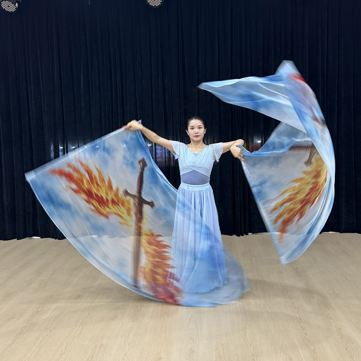 Flame Double Sword Flag, Thickened Chiffon, Double-Sided, Two-Color, Large Sky Blue Tassel Church Dance Flag, Cosplay