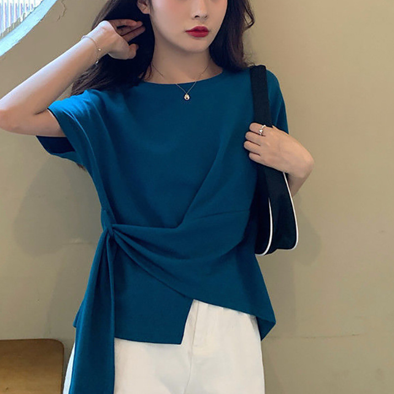 디자인 솔리드 컬러 라운드 넥 반팔 티셔츠 여성 여름 새로운 한국 스타일 느슨한 불규칙한 외국 스타일 탑 인 트렌드