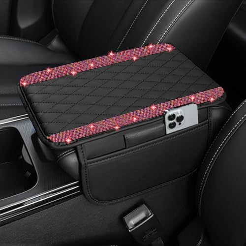 Car Shiny Crystal Armrest Box Mat Center Console Cover Leather Cover Pad Storage Bag Universal Protective Pad Arm Storage