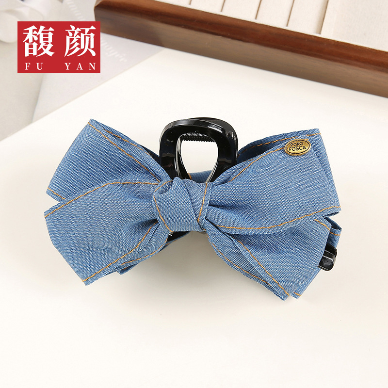韩式发夹发饰女高级感简约牛仔蝴蝶结抓夹后脑勺鲨鱼夹子头饰批发|undefined