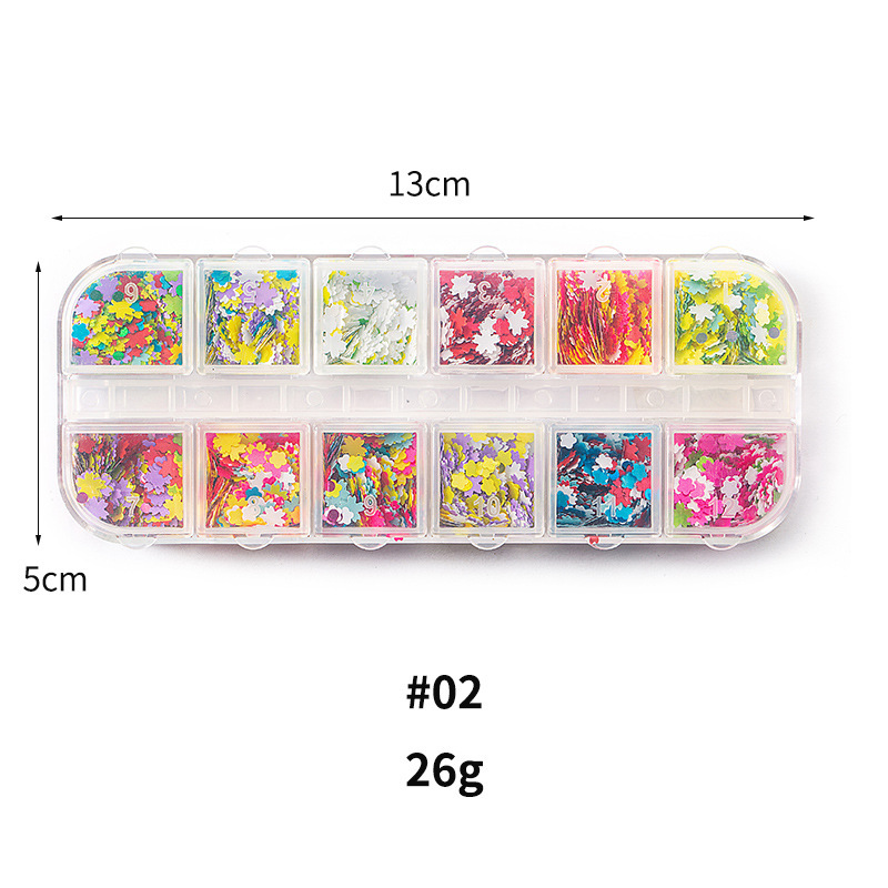 Taifei uñas caja de tira larga lentejuelas 12 rejilla caja de tira larga parche de uñas DIY uñas lentejuelas uñas traje de joyería