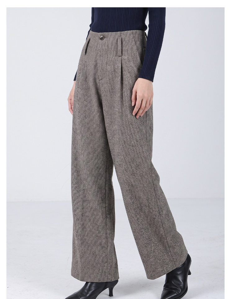Quần tây nữ ống rộng cạp cao chất liệu len pha polyester, màu trơn, dáng rủ tôn dáng, giữ ấm — Màu ảnh chi tiết 12