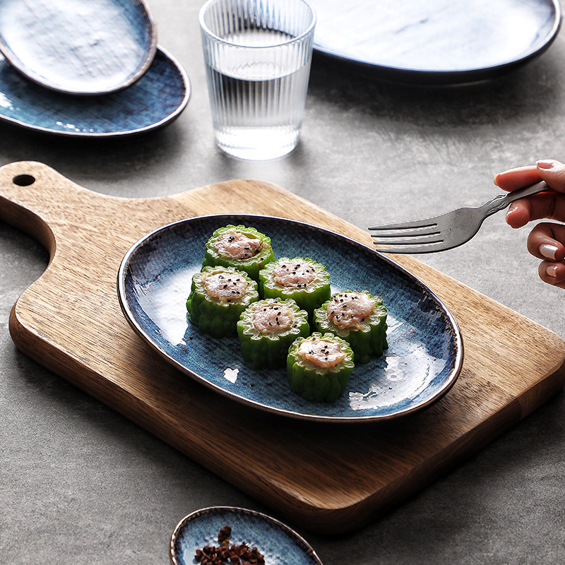 Transfronterizos de tela de cerámica azul Dan Plate de platos creativos de comida occidental platos de filete platos de ensalada de frutas platos cubiertos