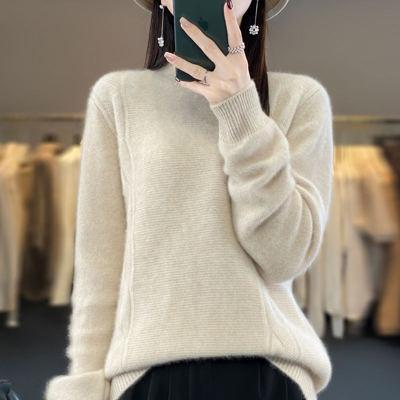 New Autumn and Winter Knitwear Lace Half Turtleneck Bottoming Shirt Women's Knitwear Loose Versatile Slimming Look Pure Color Knitwear for Women