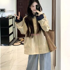 厂家直销韩系春秋外套2025新款复古拼接撞色卡其色短款风衣