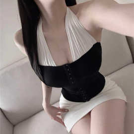 韩国东大门新款女装气质修身挂脖收腰露背显身材拼色无袖背心T恤