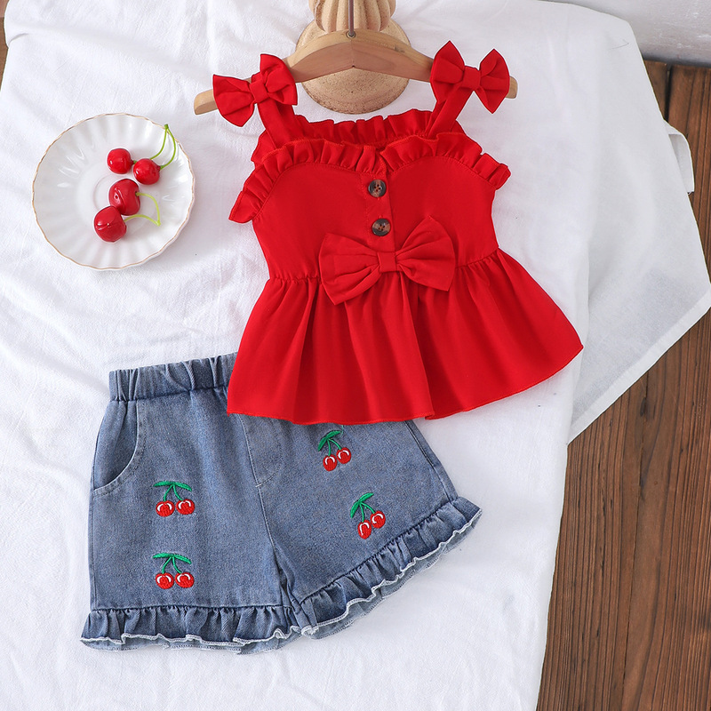 Cross-Border Children's Clothing New Style 2026 Summer Girls' Ruched Bowknot Camisole Top + Cherry Denim Shorts Two-Piece Set