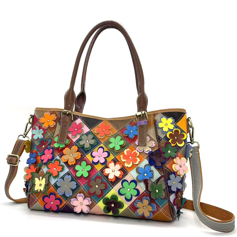 European and American Style Genuine Leather Women's Bag with Floral Quilted Pattern, Shoulder Bag, Crossbody Bag, Large Capacity Casual Tote Bag, New Model