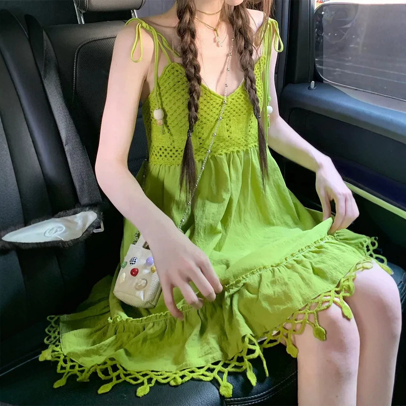 Bohemian Style Set with Green Tassel Strap Dress for Women, Summer Design with a Unique Dopamine Vibe Bohemian Style Set with Green Tassel Strap Dress for Women, Summer Design with a Unique Dopamine Vibe
