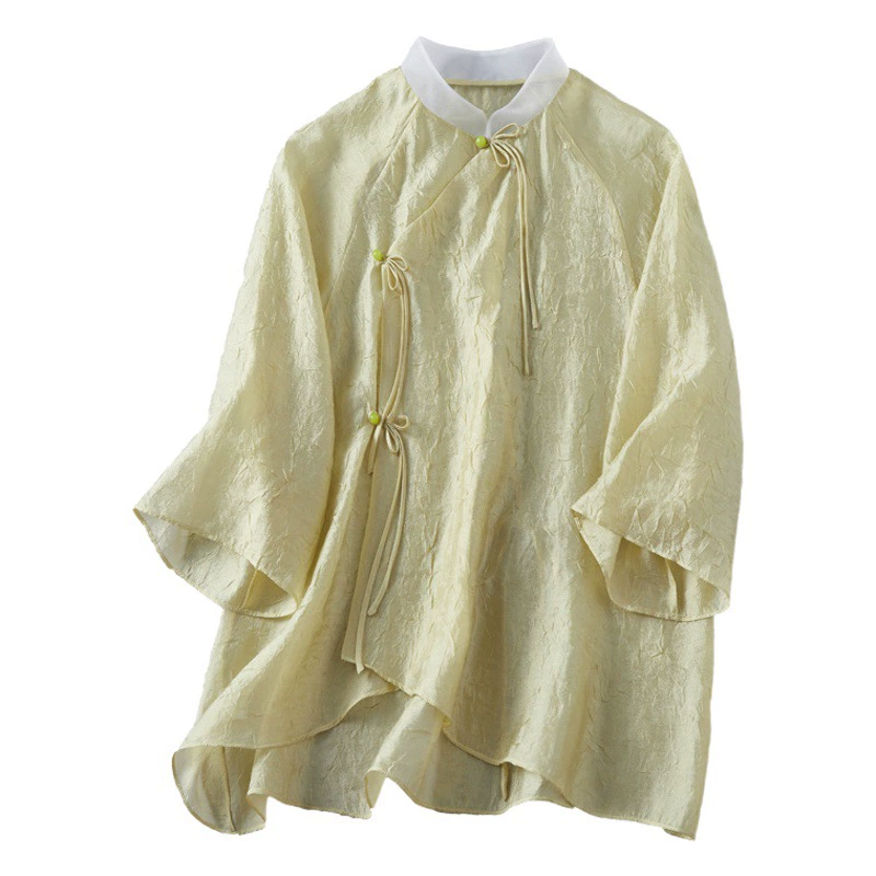 2023 летний женский топ с короткими рукавами, новый топ в китайском стиле в национальном стиле с воротником-стойкой, оригинальный костюм Hanfu Tang, платье для чая дзен