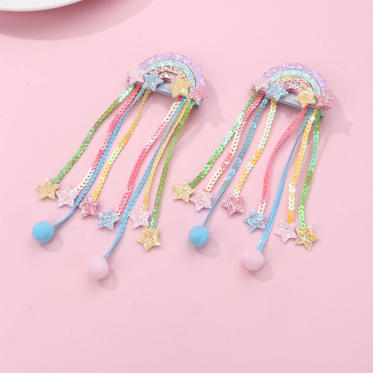 Nuovi fermagli per capelli per bambini, freschi e dolci, con stelle arcobaleno, paillettes, nappe e nastri, vendita all'ingrosso per bambine._voghion.com
