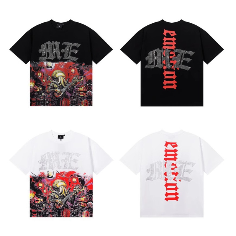 Foreign Trade Mix-Emo Cartoon Long-Sleeve and Short-Sleeve Loose-Fitting Trendy Alien Octopus Rhinestone Print Unisex Style