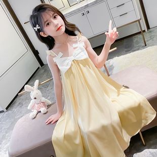 Girls Suspender Skirt Pajamas Kidsren's Girls Nightgown Ice Silk Medium and Large Kidsren 2025 New Princess Home Skirt Air-Conditioned Clothing