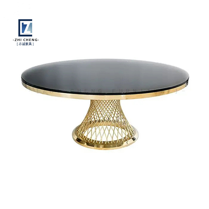 Mesa de boda para exteriores con tablero ovalado de vidrio dorado y acero inoxidable, mesa de comedor combinada para alquiler de banquetes integrada