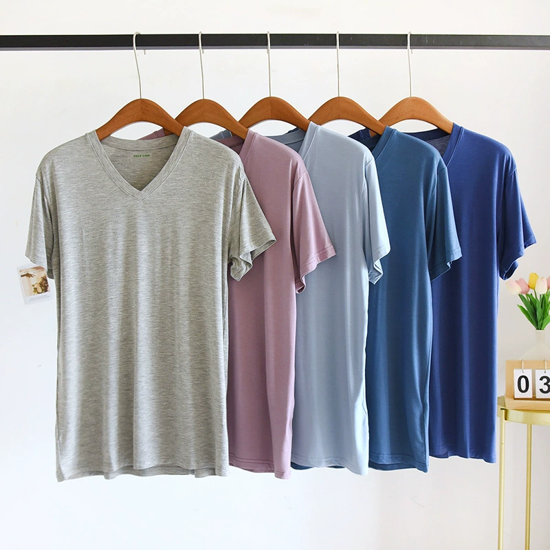 Летняя тонкая мужская домашняя одежда из модала с короткими рукавами, дышащая Пижама, однотонная эластичная футболка, Повседневная Верхняя одежда с V-образным вырезом