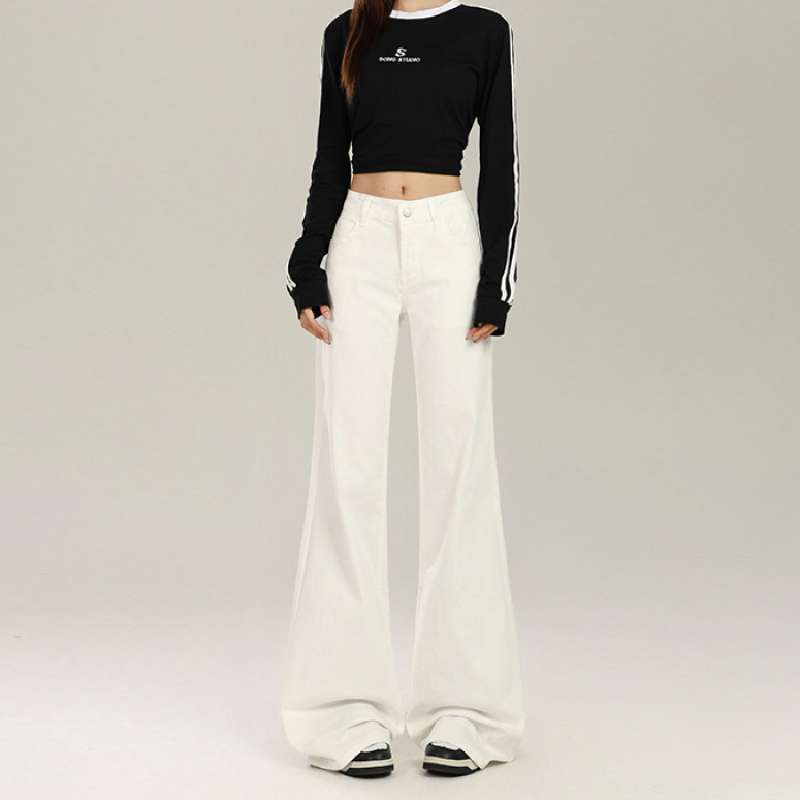In-Stock White Non-Tight-Fitting Versatile Flared Pants, Floor-Length Low-Waist Jeans for Women, American Style Spicy Girl Wide-Leg Pants, Autumn Dropshipping