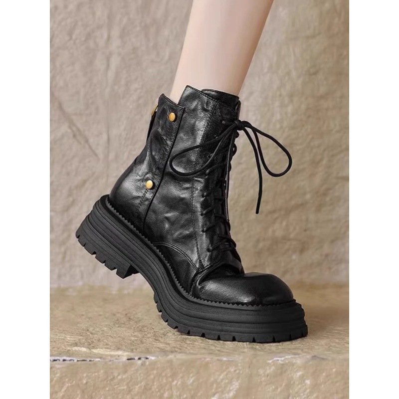 Cowhide Version ~ Maillard Lace-Up Thick-Soled Thick-Heeled Boots for Women 2025 New Retro Short Boots Popular Boots