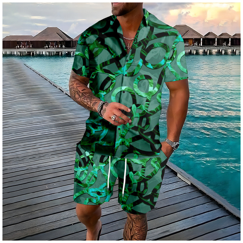 Cross-Border Men's Smoke Element 3D Printed Cardigan Summer Short-Sleeved Pocketless Shirt + Beach Pants Shorts Suit