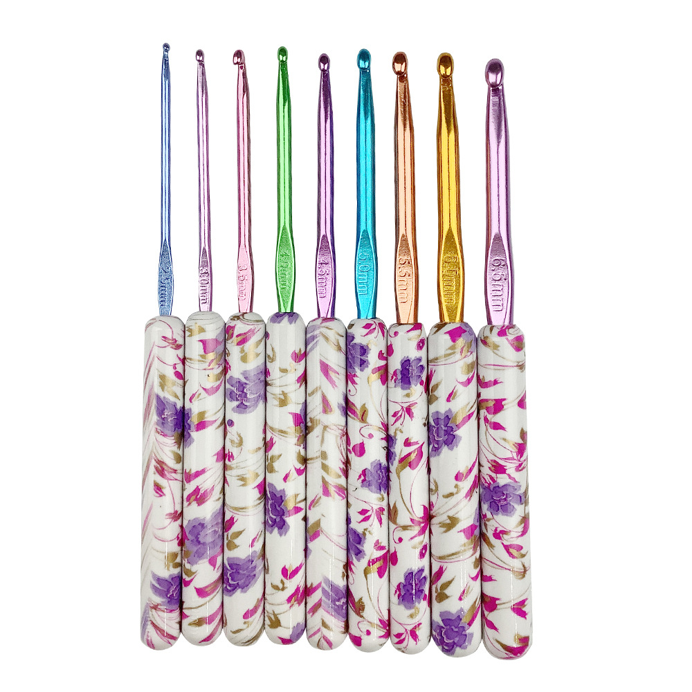 Nueva herramienta de ganchillo color mango de plástico traje de ganchillo ABS ganchillo de aluminio 9 unids/set BOLSA DE OPP