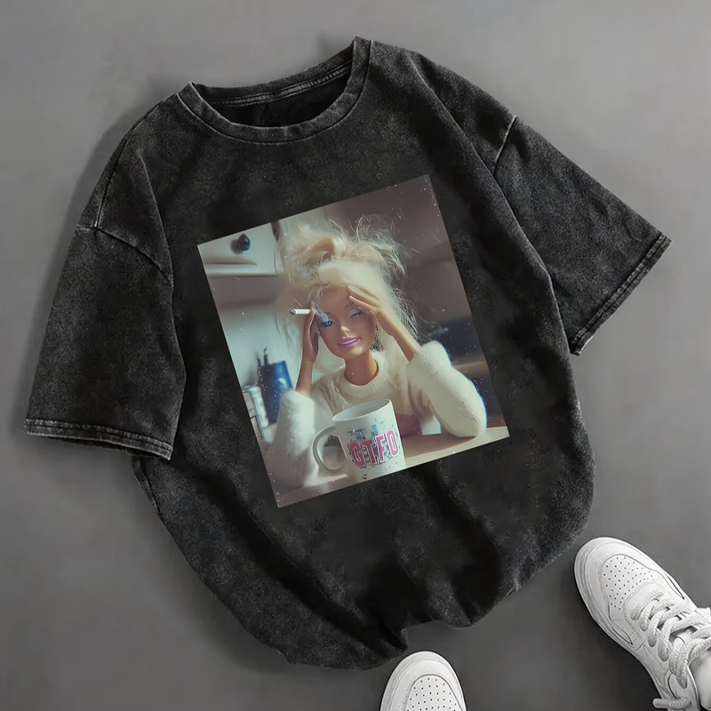 Distressed Washed Barbie Doll Fun Print T-Shirt for Women, European and American Cross-Border Temu Retro Trendy Brand Top, Pure Cotton