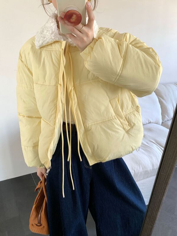 2025冬季羊羔毛棉服女韩版加厚时尚百搭羽绒棉服系带学生棉袄外套|undefined