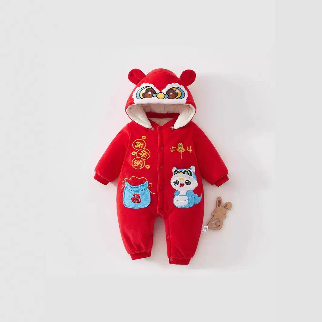 新年新生婴儿连体衣冬款加绒加厚宝宝冬季衣服拜年服外出哈衣爬服