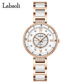 l拉宝丽ady watches轻奢间金满钻女士手表 钢带石英腕表宴会精致