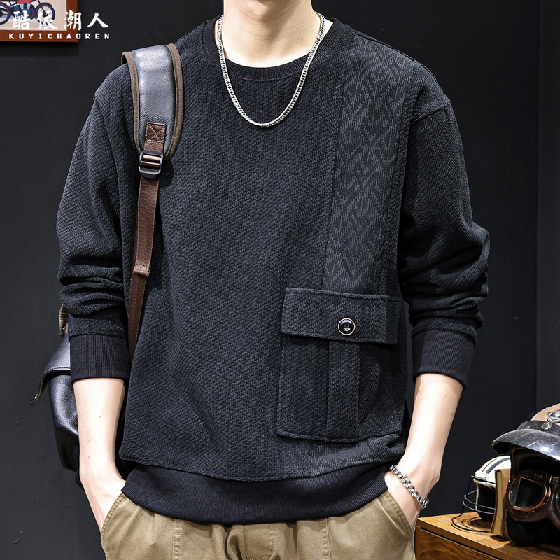 Jacquard Patchwork Pocket Sweatshirt for Men, 2026 Spring New Trendy Brand, Loose Fit, Plus Size, Casual Long-Sleeve High-End Clothing