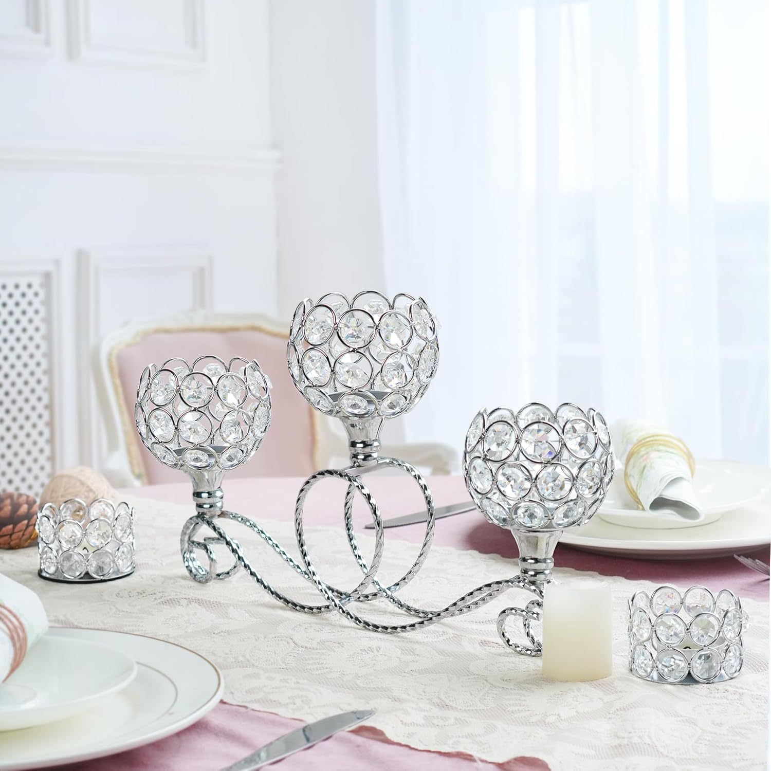 Enchapado de metal moderno nórdico 3 cabezas 5 brazos combinación candelabro de cristal elegante mesa de boda centro decoración candelabro