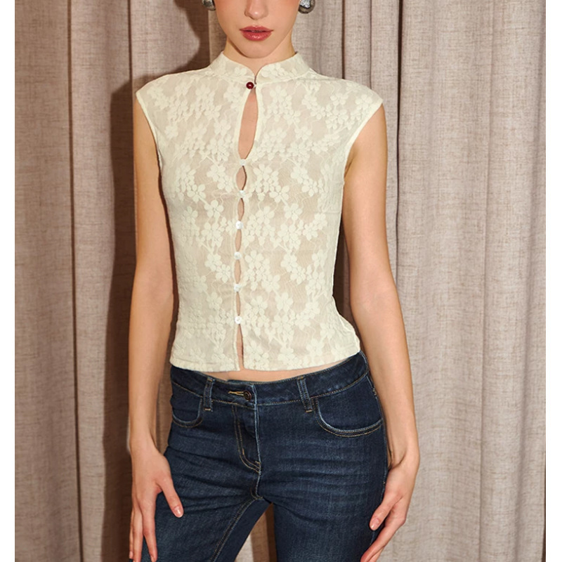 Light Coffee/Beige Lace Collar Sleeveless Blouse with a Slight Sheer Effect, Slim Fit Hollow-Out Design, New Chinese Style Top, French Retro Fashion Light Coffee/Beige Lace Collar Sleeveless Blouse with a Slight Sheer Effect, Slim Fit Hollow-Out Design, New Chinese Style Top, French Retro Fashion