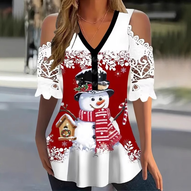 Wish Aliexpress Temu 2025 Autum New Christmas Element Printed V Neck Lace Casual T-Shirt