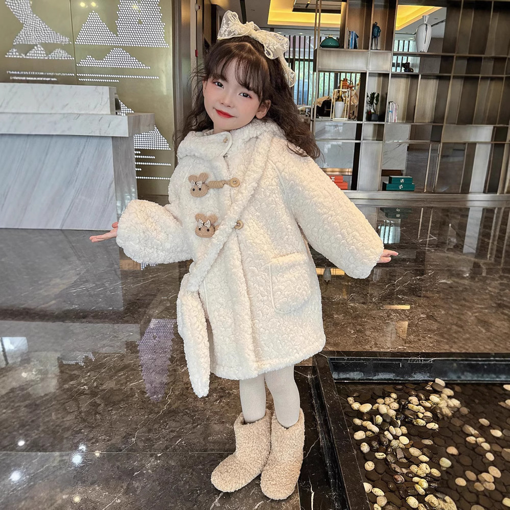女童外套2024新款冬季女宝宝加绒毛毛衣服中长款时尚洋气加厚冬装